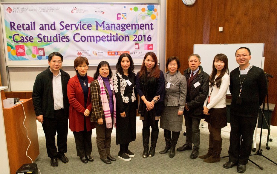 (Left to right) Dr Calvin Wan, PolyU SPEED Lecturer, Dr Doreen Tse, HKCC Senior Lecturer, Dr Pamela Kwok, CPCE Head of Cluster (Business), Ms Wendy Ng, Deputy General Manager at Alice + Olivia cum Judge of Honour, Ms Annie Wong, Marketing Controller at Fortress cum Judge of Honour, Dr Ida Chiu, IVE (Haking Wong) Department Head of Business Administration cum Judge of Honour, Prof. Leslie Yip, THEi Professor of Faculty of Management and Hospitality cum Judge of Honour, Dr Vanessa Liu, PolyU SPEED Senior Lecturer and Award Leader of BA (Hons) in RSM, and Dr Calvin Cheng, PolyU SPEED Lecturer were satisfied with the performance of the participating students.