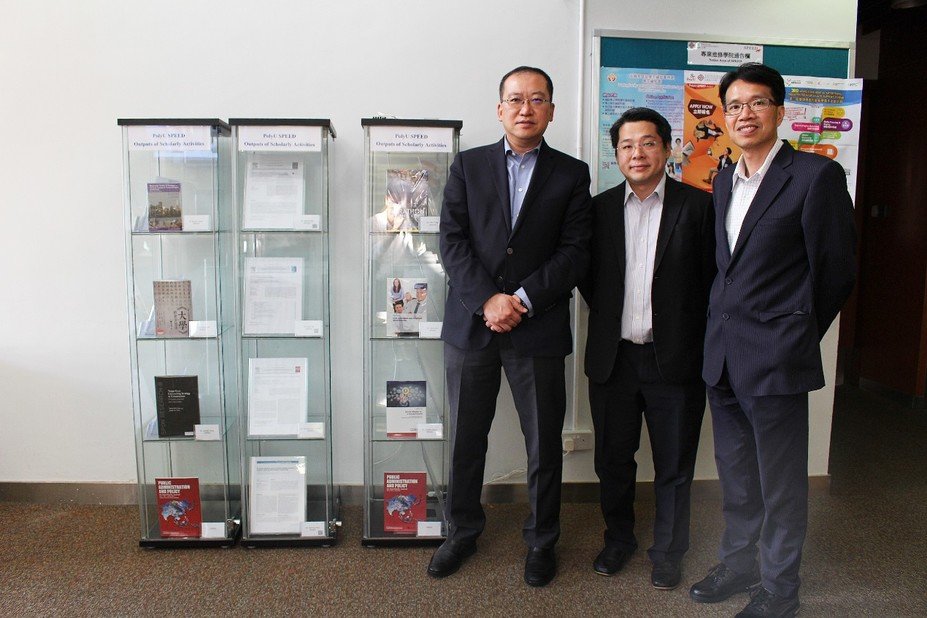 (Left to right) Dr Artie Ng, Dr Calvin Wan and Dr Adam Wong showed some of the research-scholarly outputs of PolyU SPEED academics.