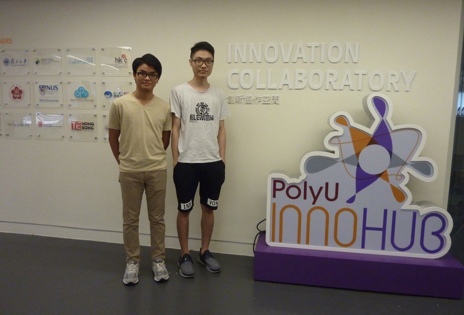 PolyU SPEED students Lee Ka Chun (left) and Wong Kwun Shing won the Proof-of-Concept Funds and will develop their product at PolyU InnoHub.